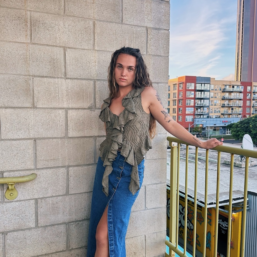 Zara Army Green Ruffled Tank Top in Size Small